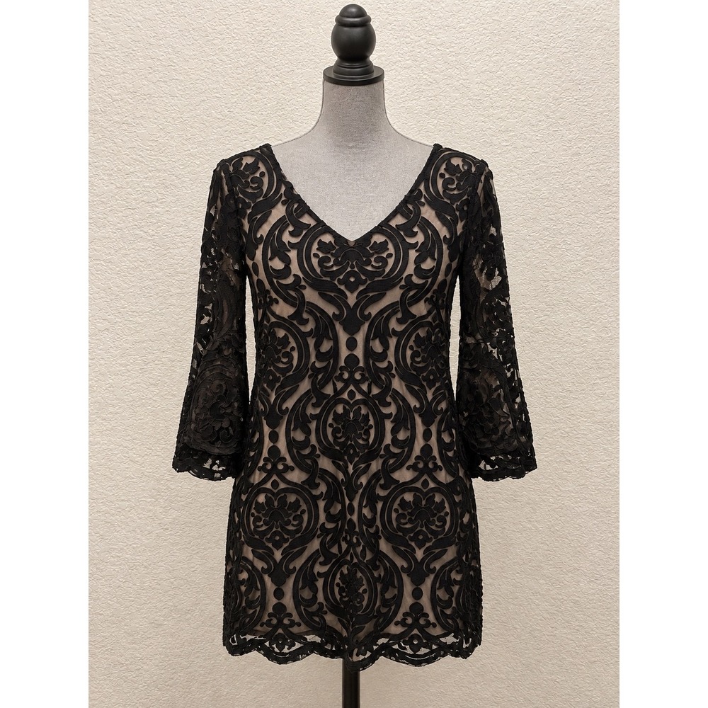 MSK Sheath Dress Womens 8 Black Bell Sleeve Lace Overlay V-Neck